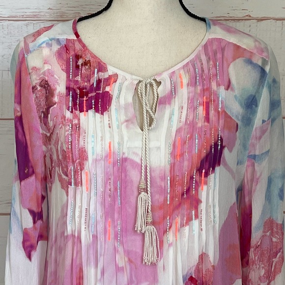 Soft Surroundings Women's Pink/Blue Floral Top Size Medium Tunic Tassel Ties - Picture 4 of 12